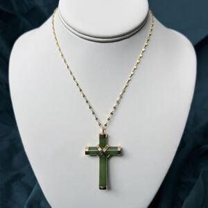 Green Jade Cross Pendant Gold Over Sterling Silver On 24” Chain Necklace 925
